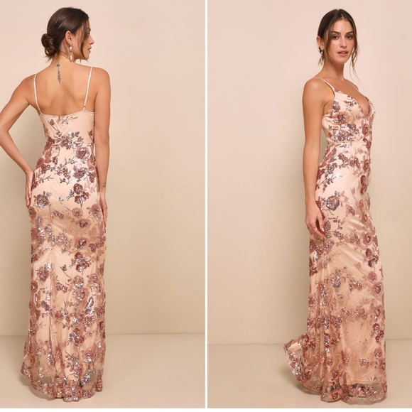 LULUS Prom Wedding Special Event Floral Sequins Rose Gold Mermaid Gown - Picture 4 of 4